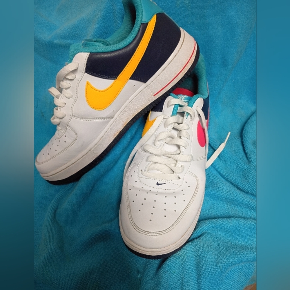 Nike AIR -  Air Force 1White Low-Top Sneakers with Yellow & Pink Swooshes